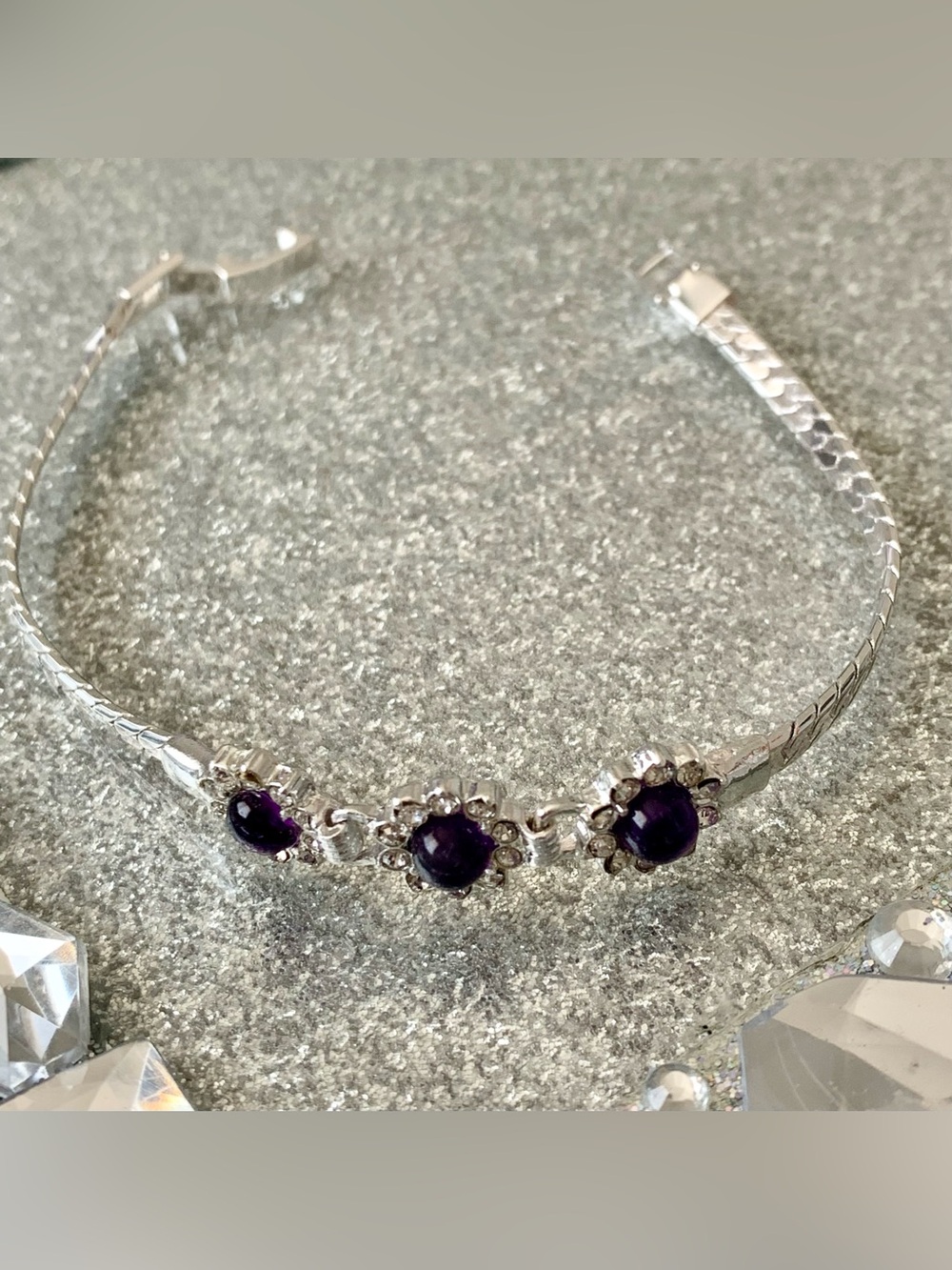 Genuine Amethyst Sterling Silver Overlay Flower Bracelet